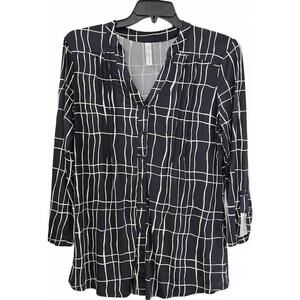 Perseption Concept Grid Pattern Long Sleeve Blouse